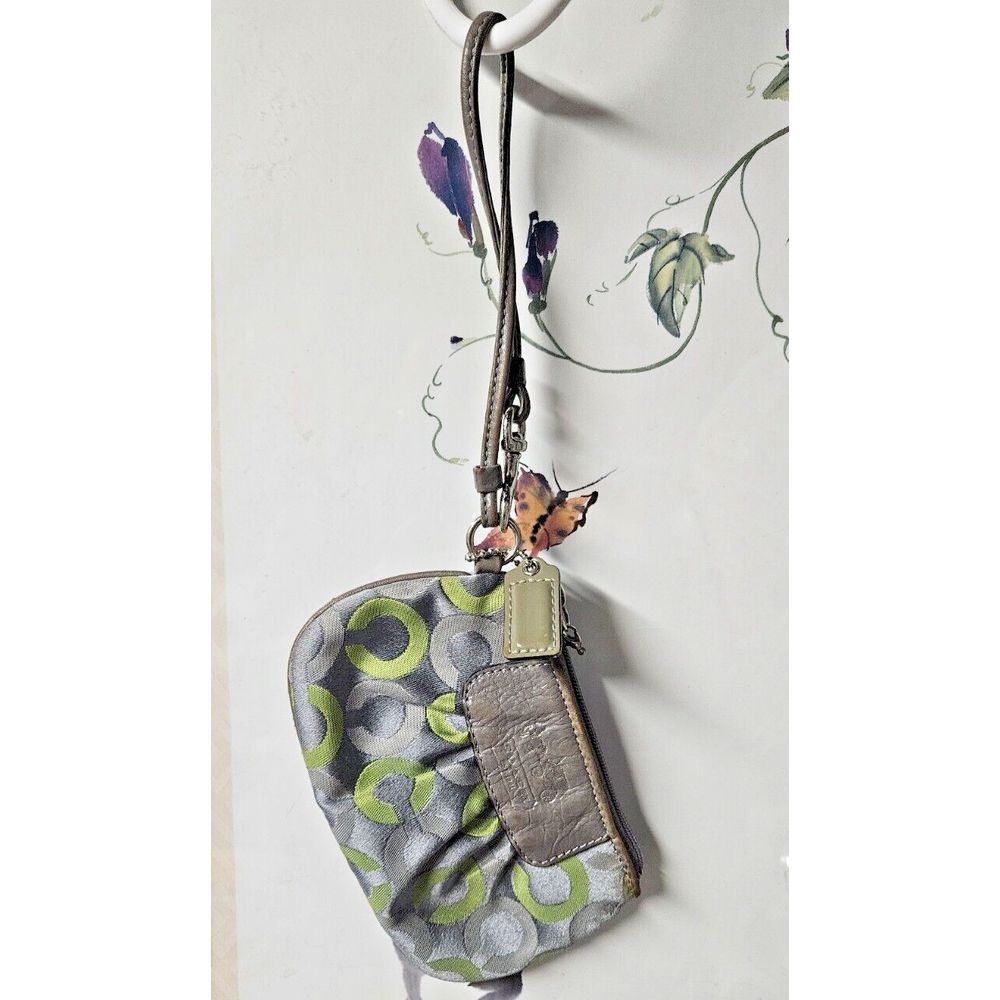 Coach wristlet‎ fabric upper leather trim green C gray 6.125x4"